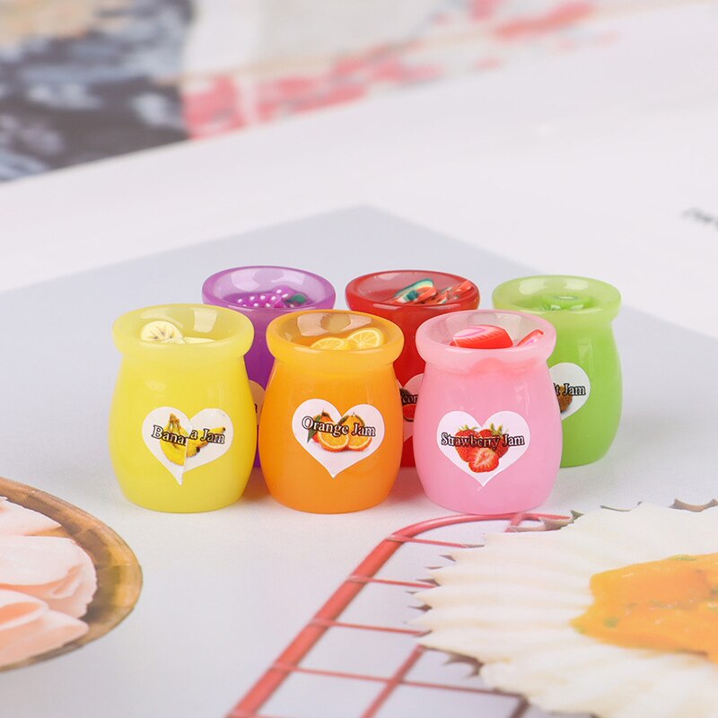 6 Stks/set Leuke Simulatie Voedsel Fruit Jam Fles Play Mini Voedsel Voor Poppenhuis Keuken Speelgoed Poppenhuis Miniatuur