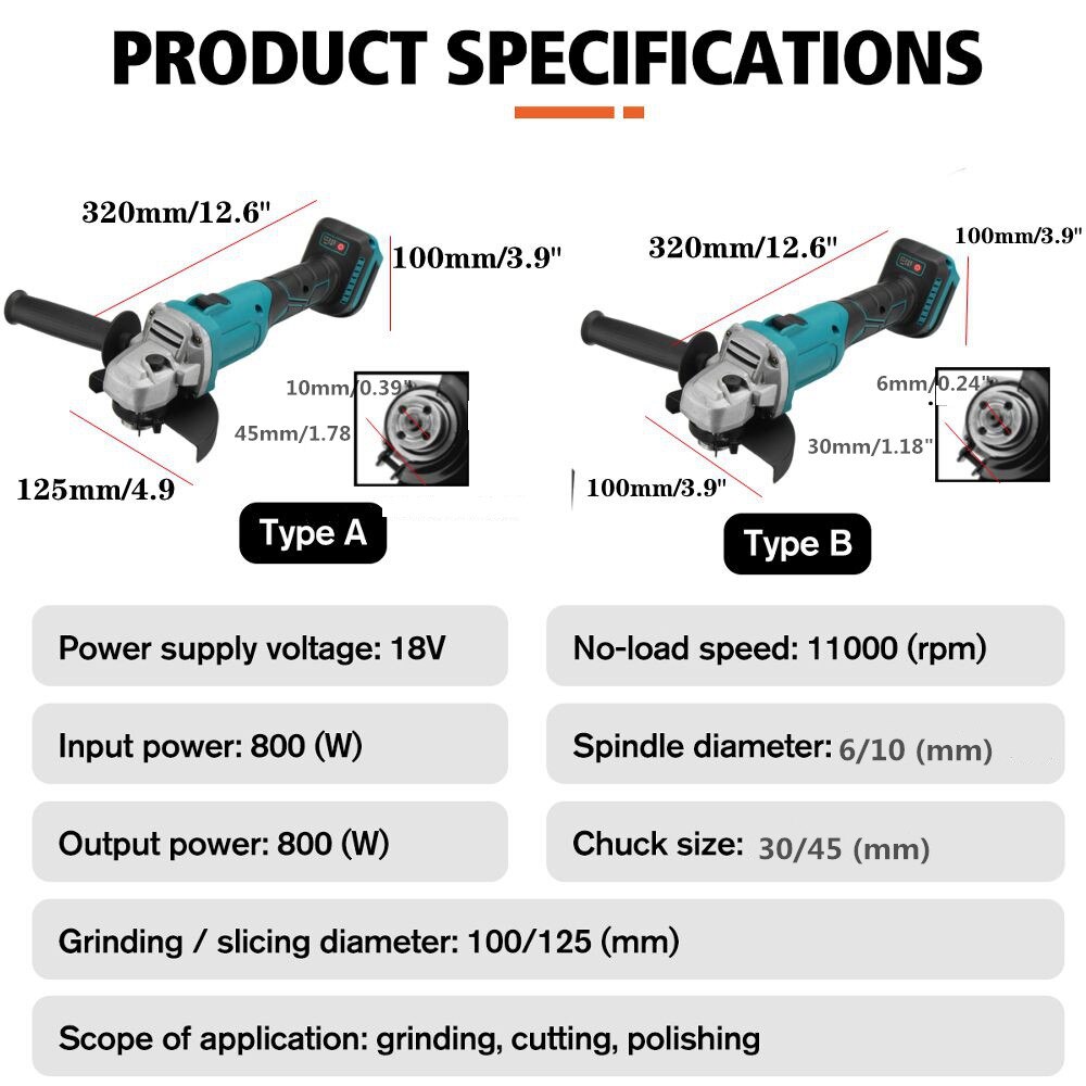 100/125mm 800W 3 Speed Brushless Cordless Impact Angle Grinder For Makita 18V Battery Power Tool Cutting Machine Polisher