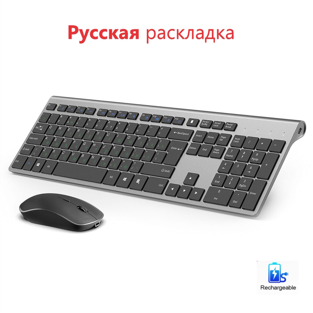 Wireless Keyboard and Mouse Set Russian layout USB Interface 2.4G Full Size Keyboard 108 Keys Mute Mouse For Apple Mini Windows: Black