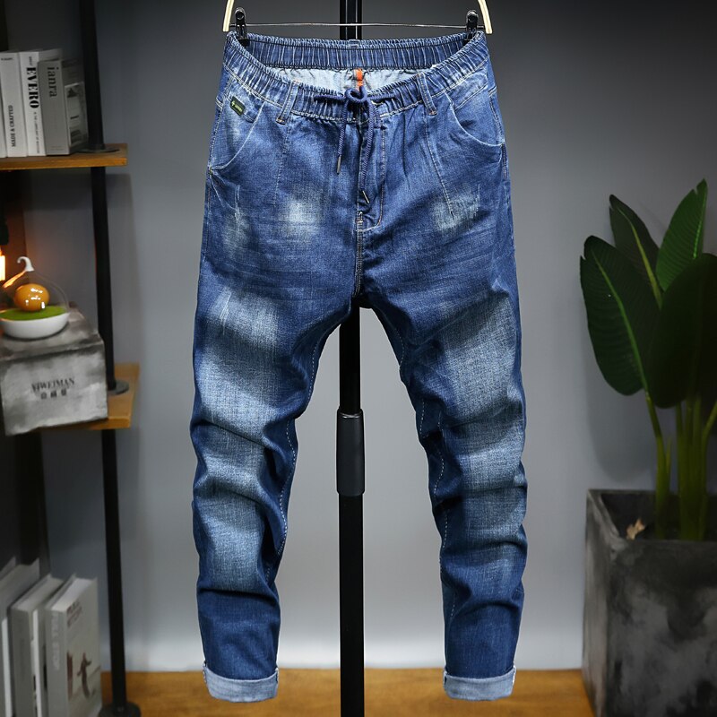 Plus size 6XL Elastic waist Ankle pants men's jeans summer stretch Loose Navy blue Leisure straight large size mid-rise jeans: XXXL