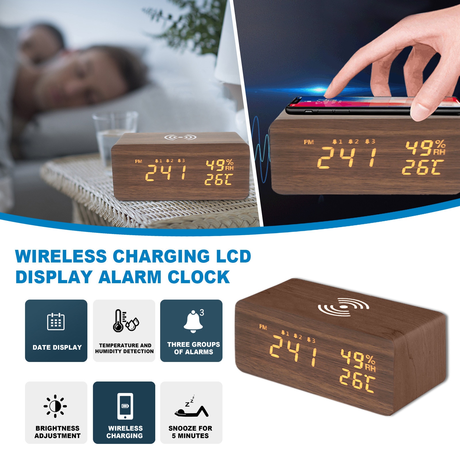 The alarm clock with Qi wireless charging pad is suitable for Iphone Samsung LED digital clock sound control function55#