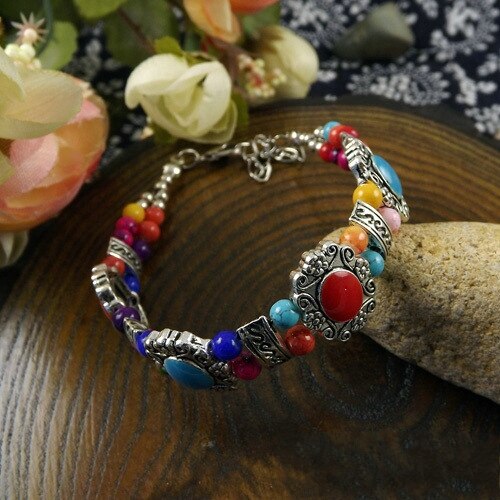 Tibetan Silver color Bohemia Bracelet Bead Stone Adjust Size Bangle Jewelry Blue/Red/Black A207G