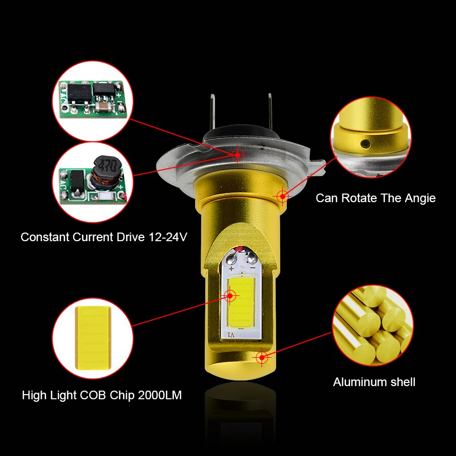 Gfoloza 2 st  h7 led-lampor vit gul färg bil dimljus hög effekt cob drivande dimlampa drl 2000lm 12v-24v 6000k 3000k