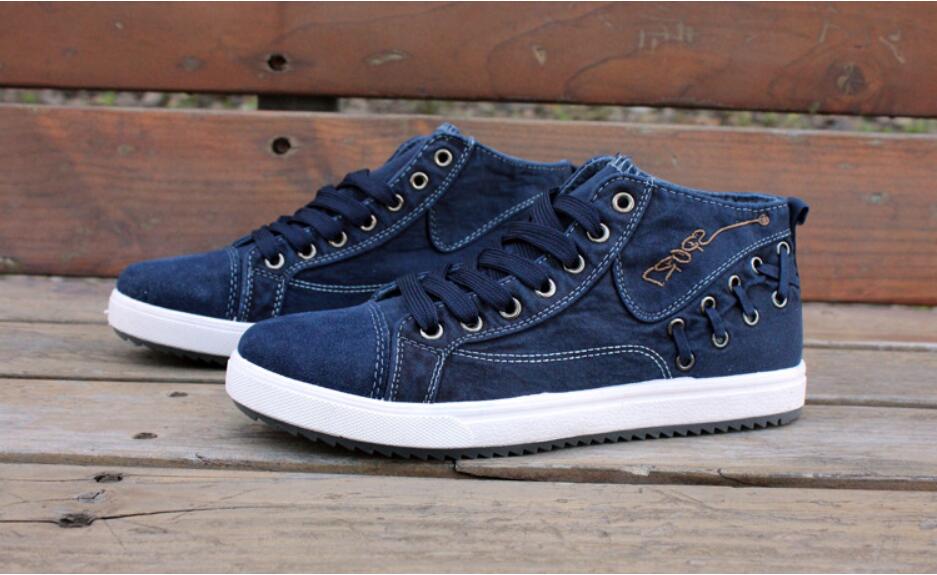 Heren sneakers denim canvas schoenen lente/herfst hoge hulp casual schoen tennis sneakers wandelen skateboard veterschoen platte schoen: Blauw / 44