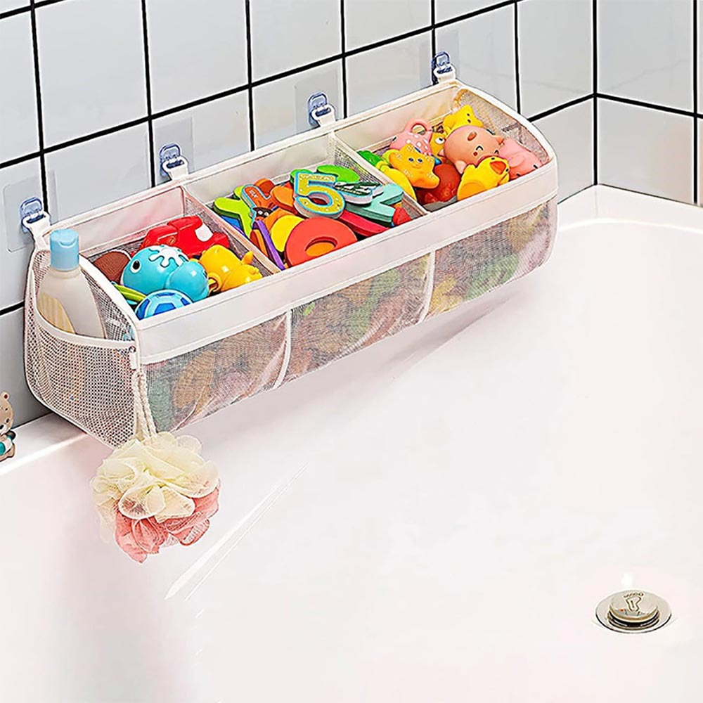 3 Compartment Bath Toy Organizer Large Openings Easy Sorting Toy Hammocks Breathable Horizontal Bath Toy Storage Net: light green