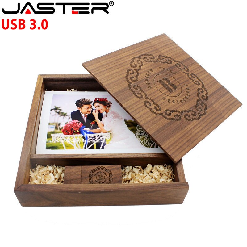 JASTER Holz Foto Album Box USB 3,0 Stick DIY Gravierte Logo Hochzeit Speicher