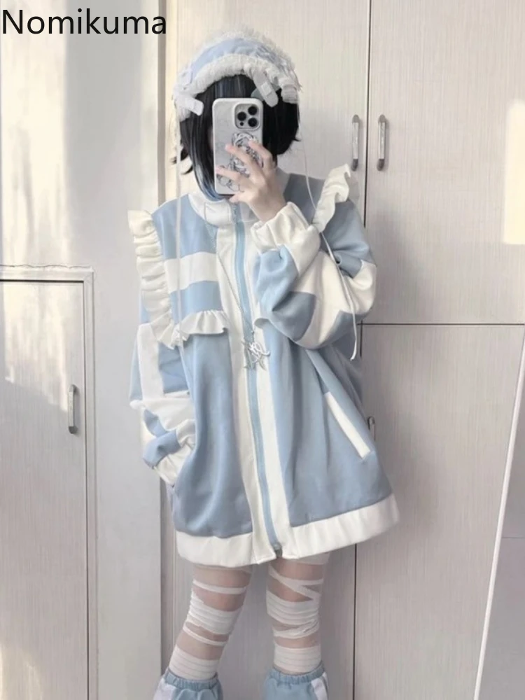 Japanischer Mantel für Damen, Patchwork, langärmelig, übergroß, Oberbekleidung, Y2k-Spitzen, Adrette, lässige , Rüschen, Lolita, Y2k-Jacken