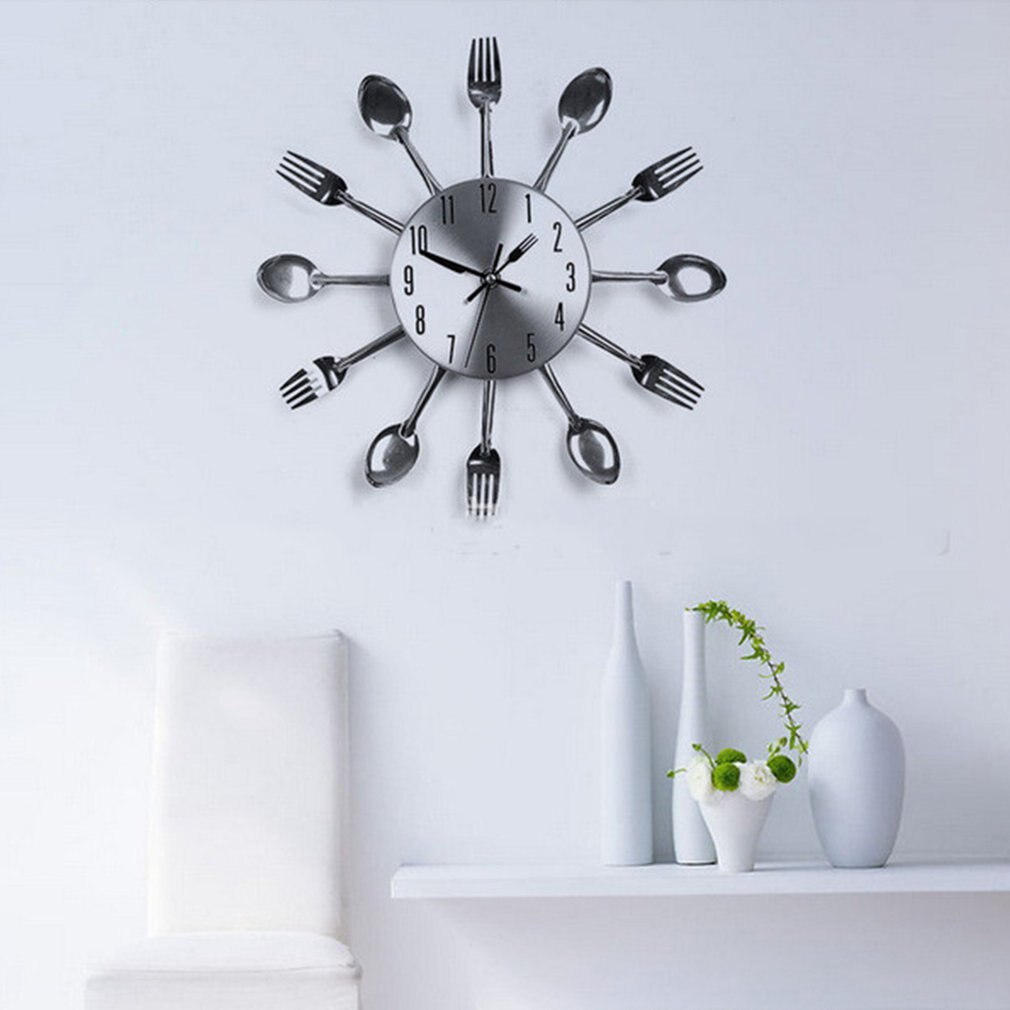 Stainless Steel Knife Fork Spoon Kitchen Restaurant Wall Clock Home Decoration Wall Clocks Multifunctional Tools