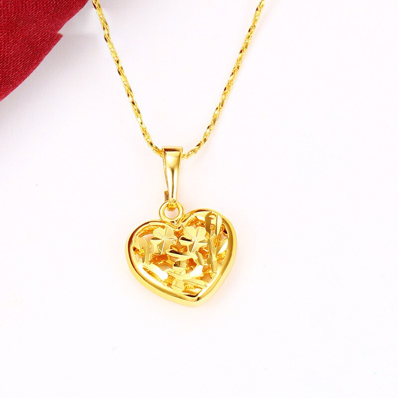 24K Gold Necklace Pendants for Women Simple Heart Charm Pendant Fine Jewelry for Wedding Birthday (Without Chain)