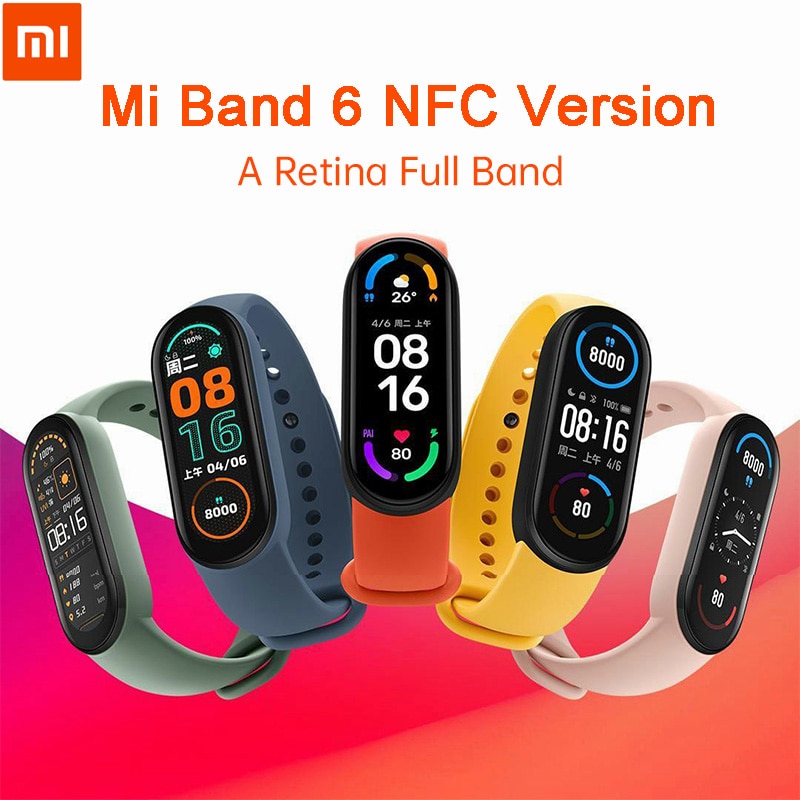 Xiaomi-pulsera inteligente Mi Band 6, accesorio deportivo resistente al agua con Pantalla AMOLED de 1,56 &quot;, control del ritmo cardíaco y del oxígeno en sangre, 5 colores, NFC