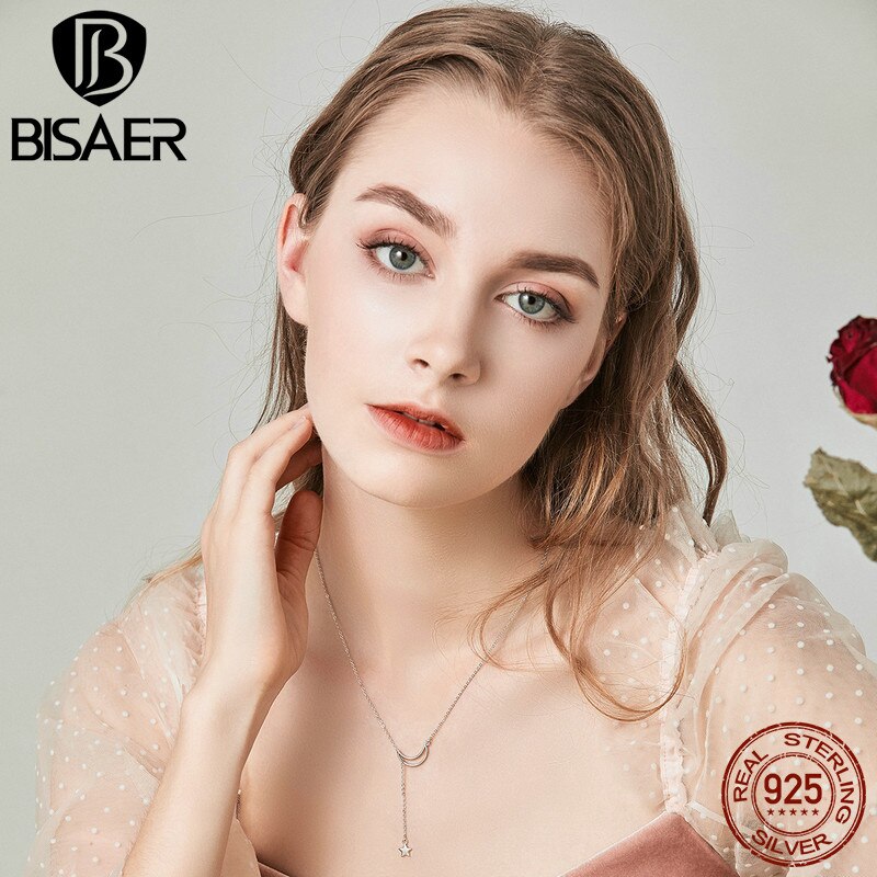 BISAER Authentische modisch 925 Sterling Silber Mond und Sterne Geschichten Kette Verknüpfung Lange Anhänger Halsketten für Frauen Edlen Schmuck GXN108