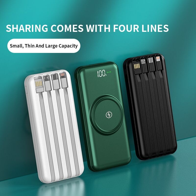 Pinzheng 20000Mah Draadloze Power Bank Ingebouwde 4 Kabels Powerbank Draagbare Externe Batterij Oplader Voor Iphone 12 Pro xiaomi 10