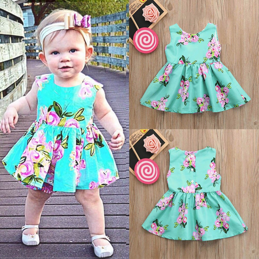 Baby blomsterprint kjoler piger spædbørn børn solkjole ærmeløs sød fest prinsesse afslappet sommerkjole baby pige verjaardag