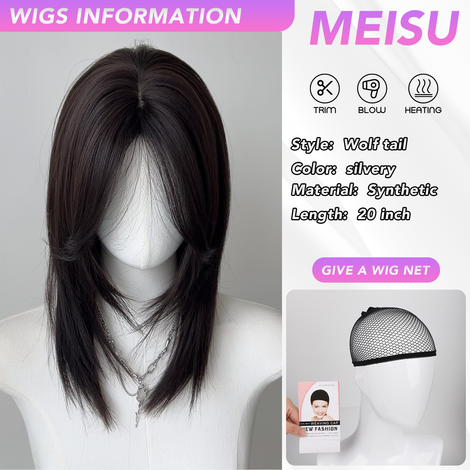 Meisu 20 tommers syntetisk sølv hvit pannelugg parykklengde rett unisex parykk fiber varmebestandig naturlig fest eller selfie: Hvit