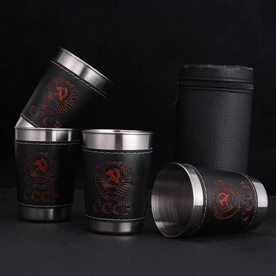 4Pcs/Set Stainless Steel Vodka Cup Set Portable Mini Wine Tumbler With Leather Cover Case Bag Outdoor Bar Wine Beer Whiskey Cup