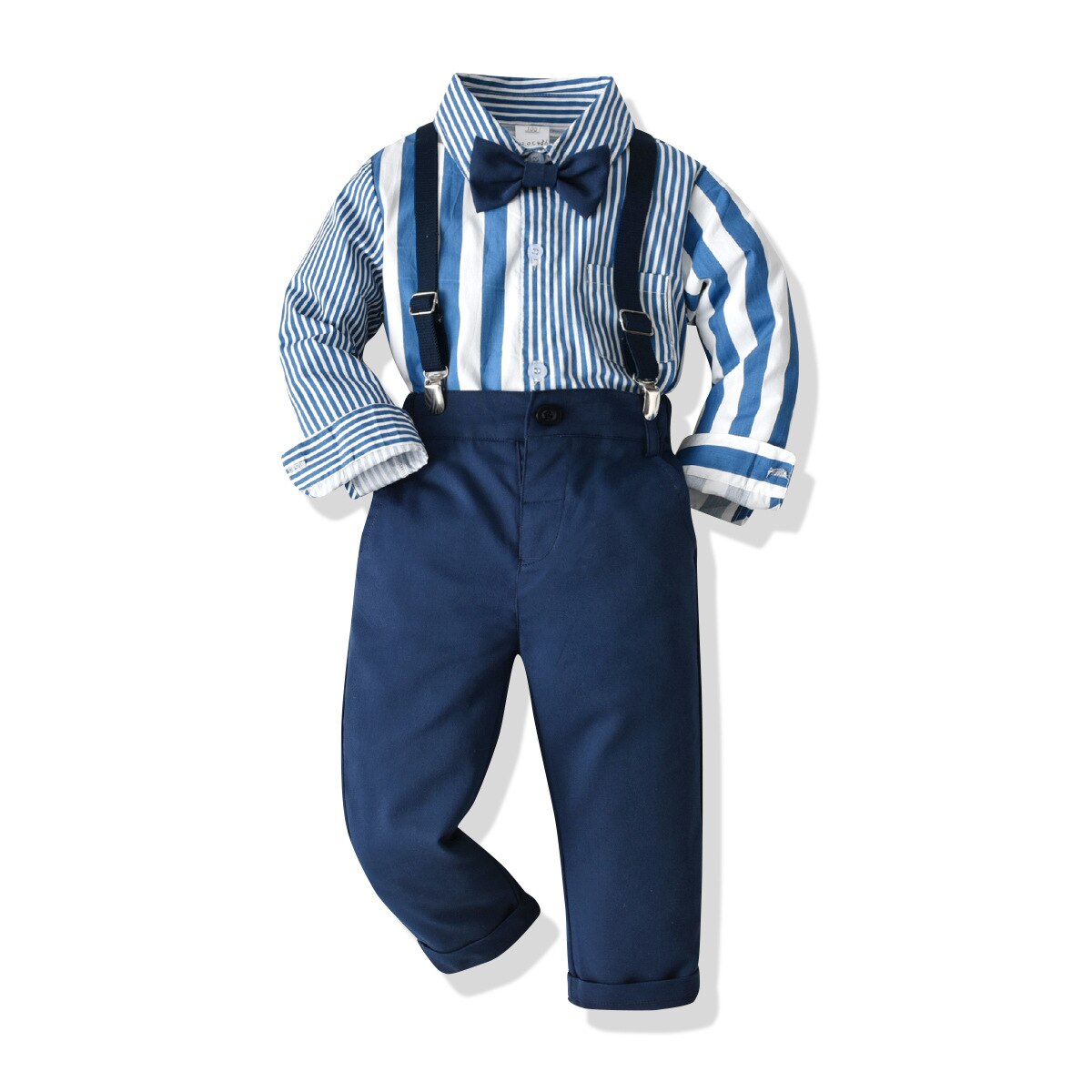 2022 Lente Jongen Lange Mouwen Gestreept Overhemd Pak Europese Amerikaanse Stijl Kinderen Peuter Shirt Strap Broek Kleding Jongens Sets: 12-18M