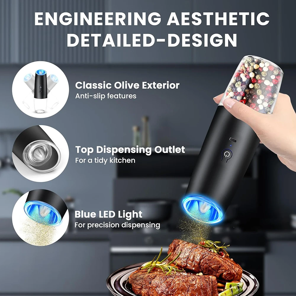 1/2Pcs Electric Pepper Grinder Salt And Pepper Grinder USB Rechargeable Adjustable Coarseness Spice Mill LED Light And bracket