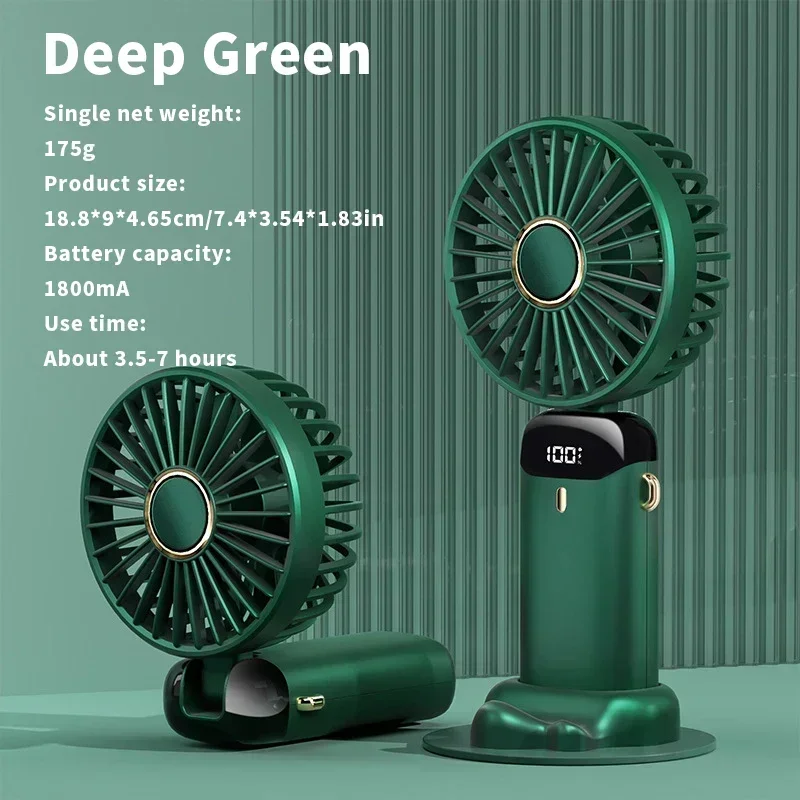USB-Hand-Mini-Ventilator, faltbar, tragbar, zum Aufhängen bin Hals, 5-Gang-USB-wiederaufladbarer Ventilator mit Telefonständer und Bildschirm: Grün