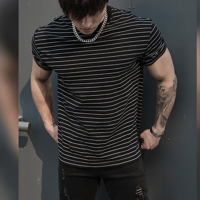 Sport och fritid kortärmad t-shirt herr sommarrandiga muskler herr fitnesskläder svettabsorberande sporttopp