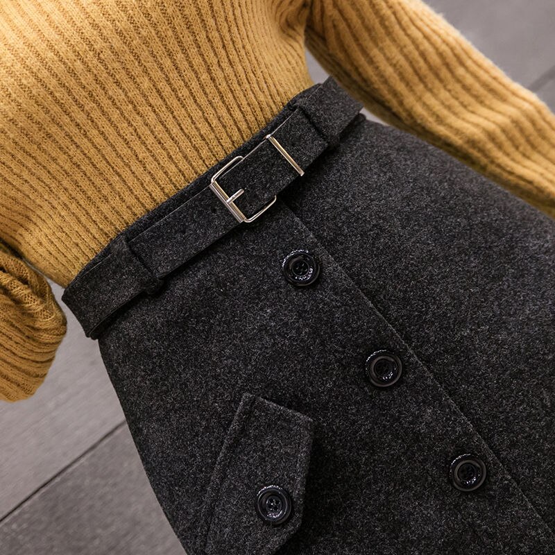Autumn Winter Women's Single-breasted Woolen Skirts Female Midi Long Split Skirts Ladies Slim Package Hip Skirts R837