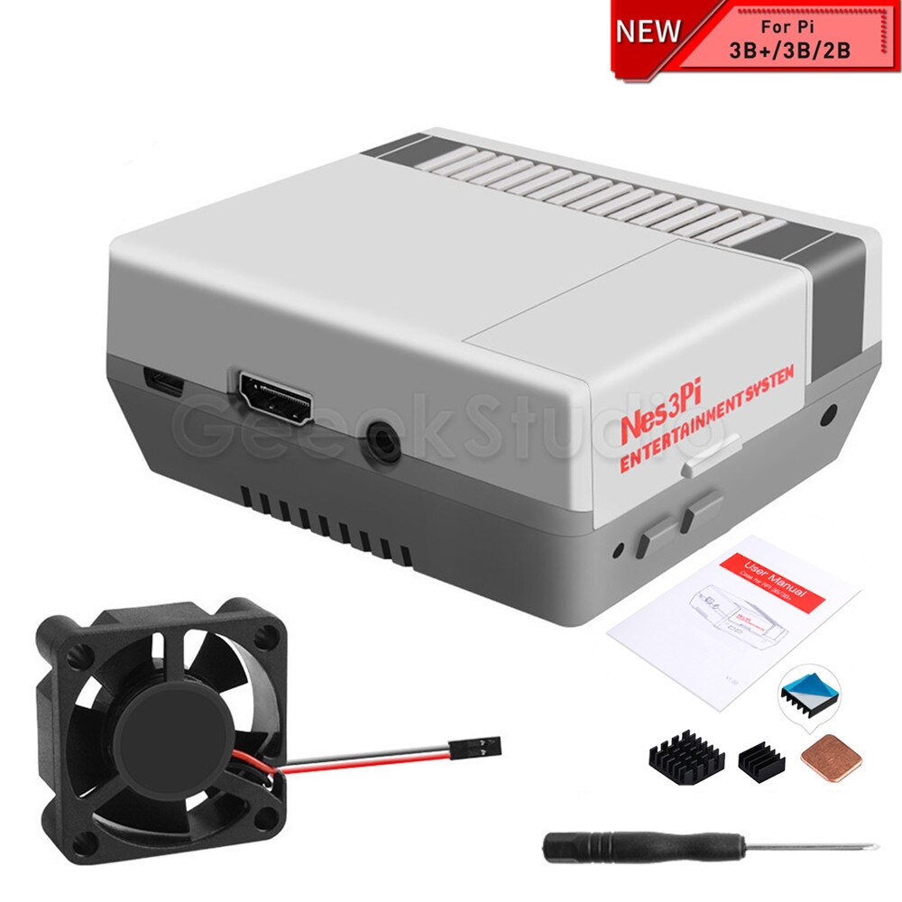 Nes3Pi NES Style Case Kit ABS Functional Cooling Fan Heatsinks Screwdrivers for Raspberry Pi 3B+/3B/2B