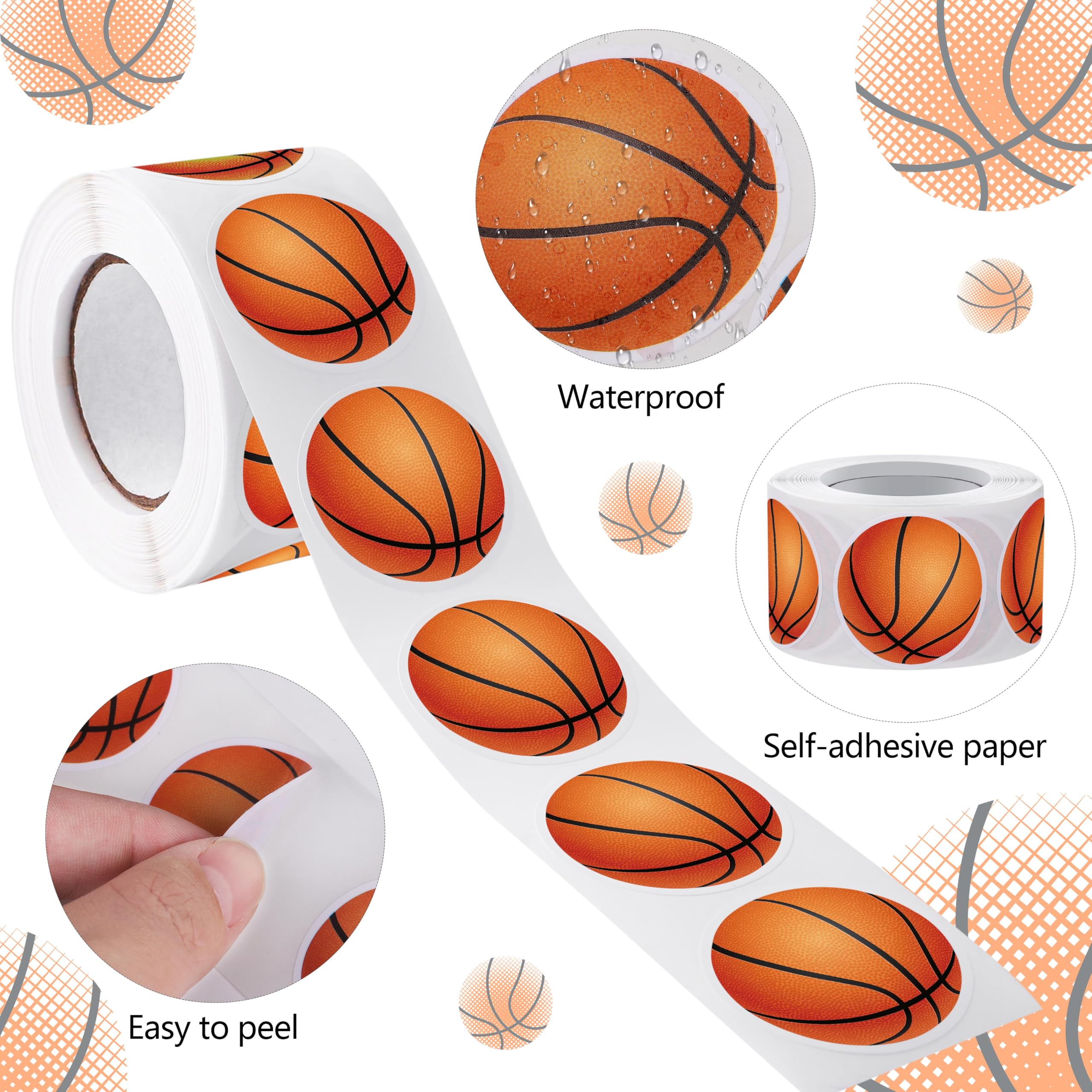 500 Pieces Basketball Stickers Self-Adhesive Sports Ball Labels Roll For Basketball Theme Party Decor Birthday Party Supplies