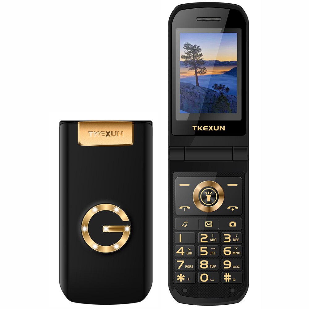 Tkexun g9000 fino clamshell telefone móvel para idosos altos aleta russa chave dupla sim metal tocha luz extra