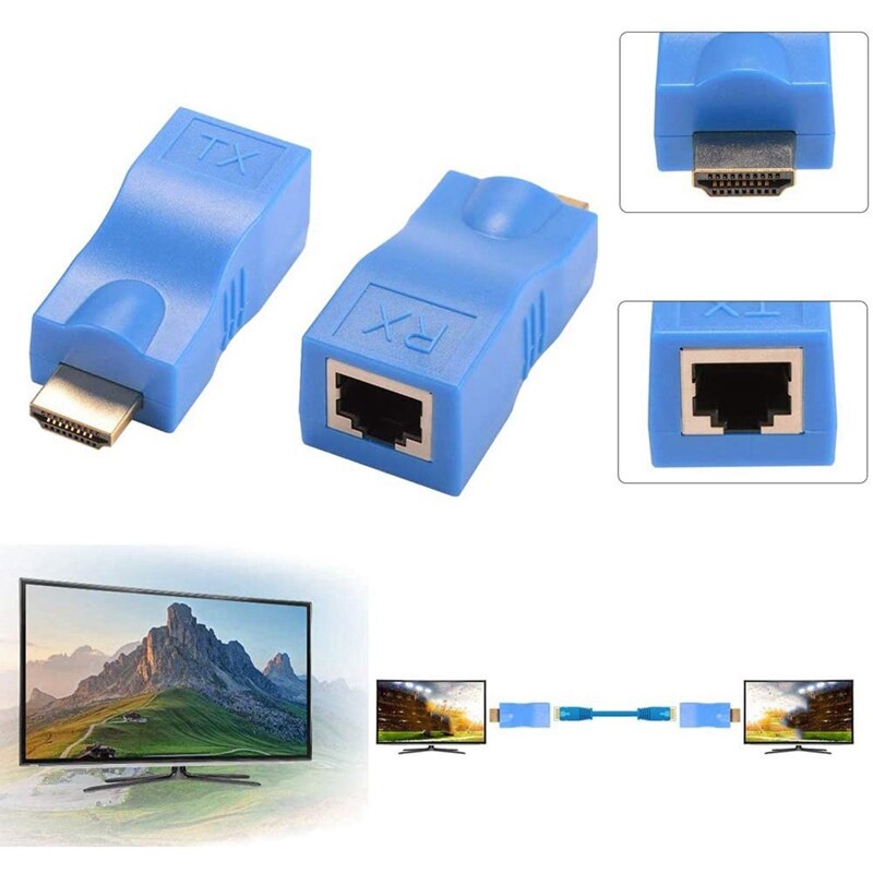 HDMI Extender, RJ45 Network Signal Extender Transmitter and Receiver Adapter over By Single CAT6 Cable 100Ft / 30M