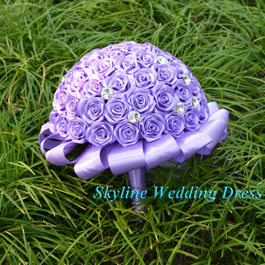 Real Photos Gorgeous Diamond Wedding flowers Light Purple Silk Bridesmaid Bridal Bouquets artificial Crystal Wedding Bouquet