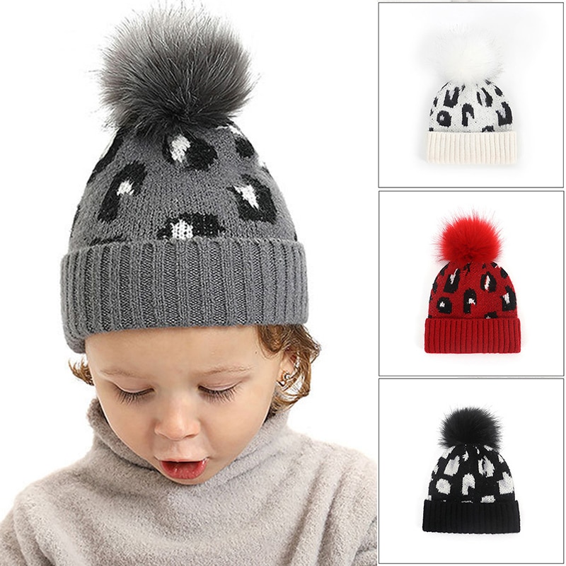 Pompom baby hatt leopard tryckt barn flicka pojke höst vinter mössa mössa mjuk stickad varma barn småbarn mössor keps