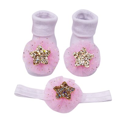 Kleinkind Baby Mädchen Kleinkind Feste Farbe Spitze Pailletten Stern Applikationen Anti-Unterhose Frottee Socken Für Mädchen + Stern Haar gürtel einstellen 0-24M A20: Rosa