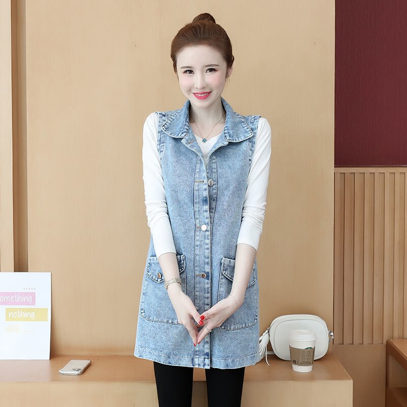 Chaqueta vaquera sin mangas para mujer, chaleco vaquero holgado de longitud media con botones, color azul claro, coreana, talla grande, informal