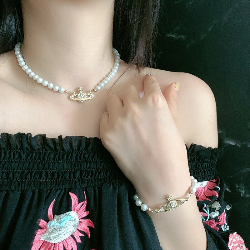 Luksus kunstige perlekæde til kvinder krystal saturner perle vedhæng halskæde kvindelige bryllup brude halskæder armbånd