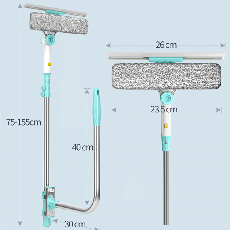 Limpiador de vidrio telescópico para ventana, cabezal de microfibra de 2 trapo, limpiaparabrisas de gran altura para limpieza de polvo y barro, raspador de vidrio giratorio