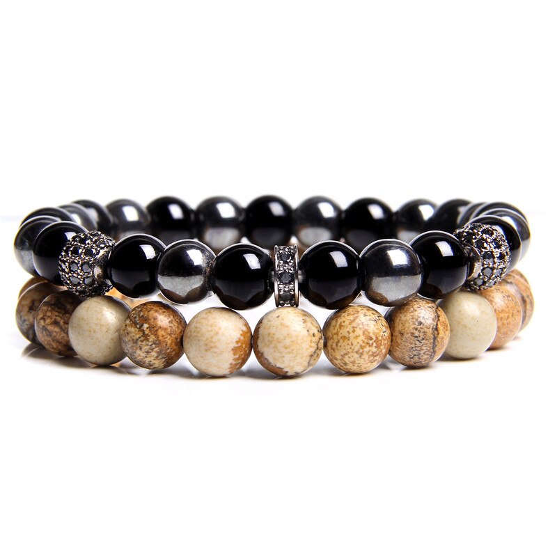 2 Stks/set Natuurlijke Grijs Kaart Geel Foto Blauwe Sodaliet Stenen Kralen Armband Voor Mannen Energie Sieraden Vriendschap Armbanden