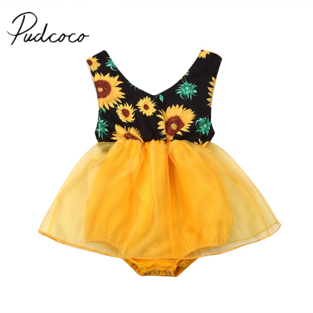 Baby zomerkleding baby kinderen baby meisjes zonnebloem bodysuits jurk mouwloos chiffon kant jumpsuit zonnepak jurk 0-18m