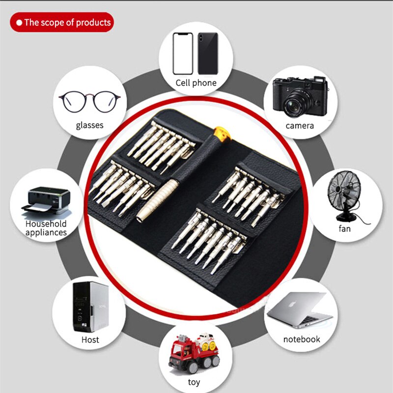 Étui en cuir pentagone 25 en 1, téléphone portable polyvalent 0.8T6 lunettes de montre de précision jeu de tournevis en alliage d'aluminium