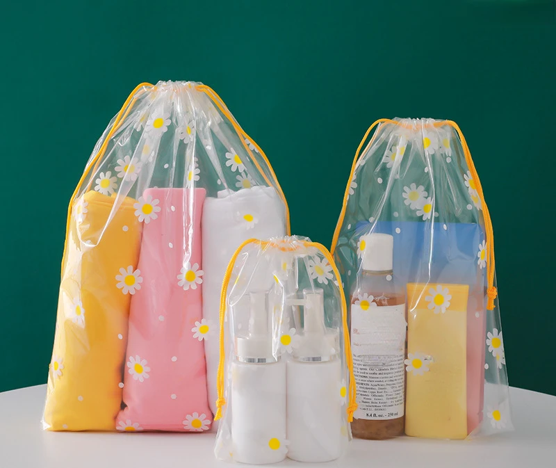 1pcs Transparent Drawstring Storage Bag Clothes Underwear Shoes Organizer Pouch Travel Toiletries Cosmetic Cartoon Storage Bag: M / Brown