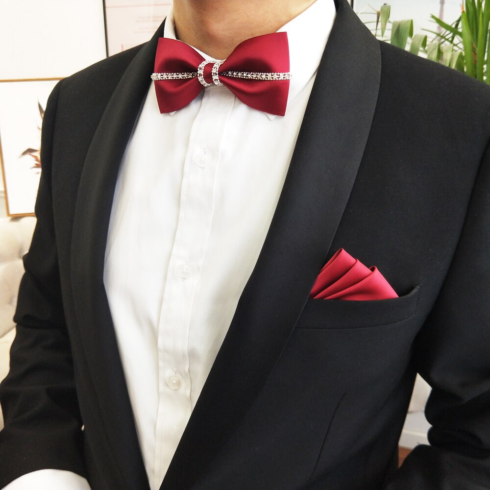 Pajarita de seda para hombre, corbata de diamante hecha a mano de lujo para boda, original, conjunto de pañuelo de corbatín retro para negocios: tie set 01
