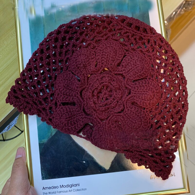 Bonnet à fleurs pour femmes, chapeau Vintage, tricot, Crochet, bonnet à fleurs pour femmes, rétro, pour printemps et été, HT3166: Bourgogne