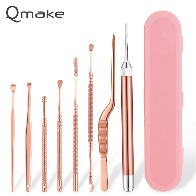 8pcs set Lighing Ear Wax Picker Stainless Steel LED light pick Earwax Remover Curette Ear Care Cleaner Spoon Illuminate Tool Kit