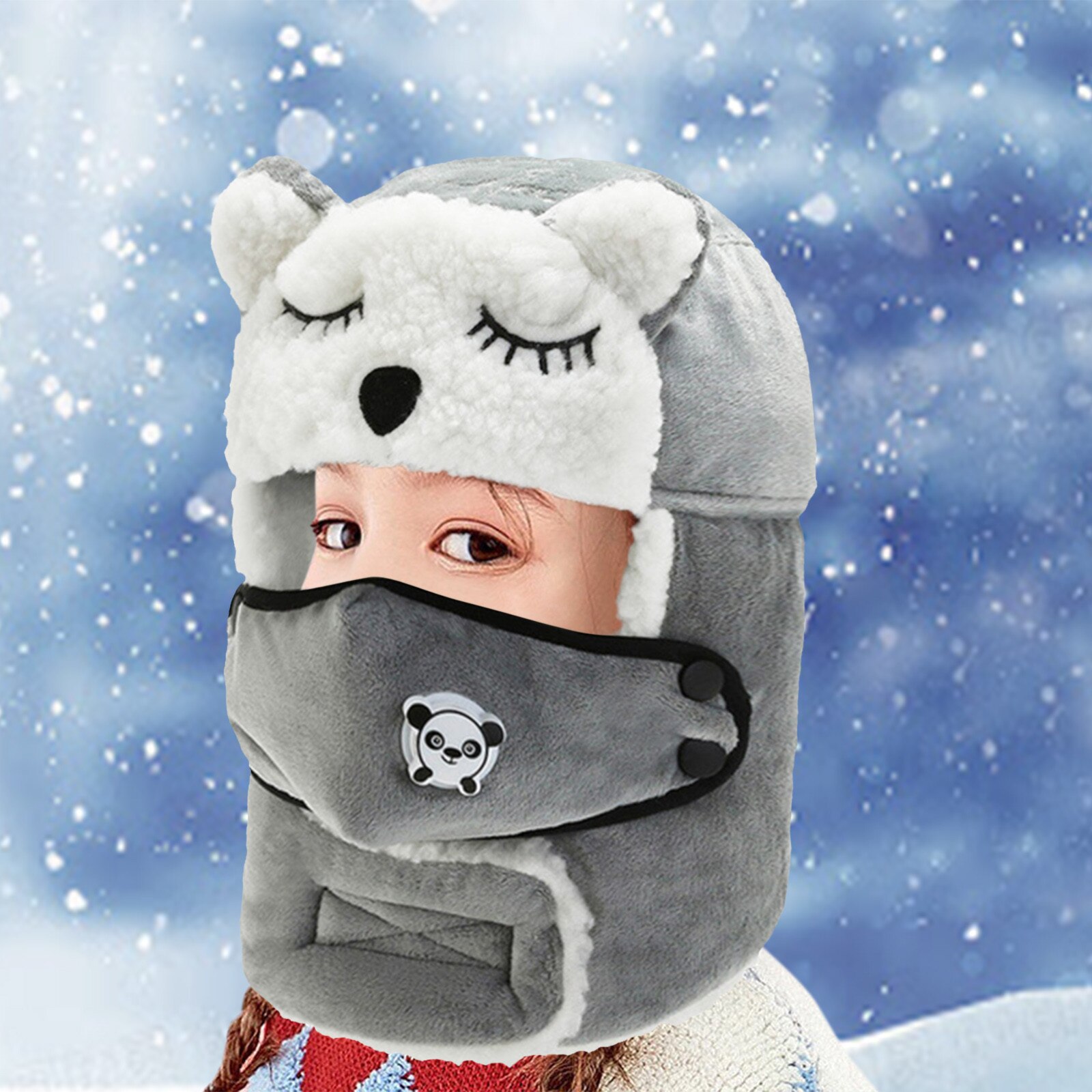 Dzieci śmieszne ochrona zwierząt ucho Ushanka kapelusz stałe pluszowe futro ciepłe czapki zimowe dziecko maska wiatroszczelna czapka zimowa miękka czapka narciarska: szary