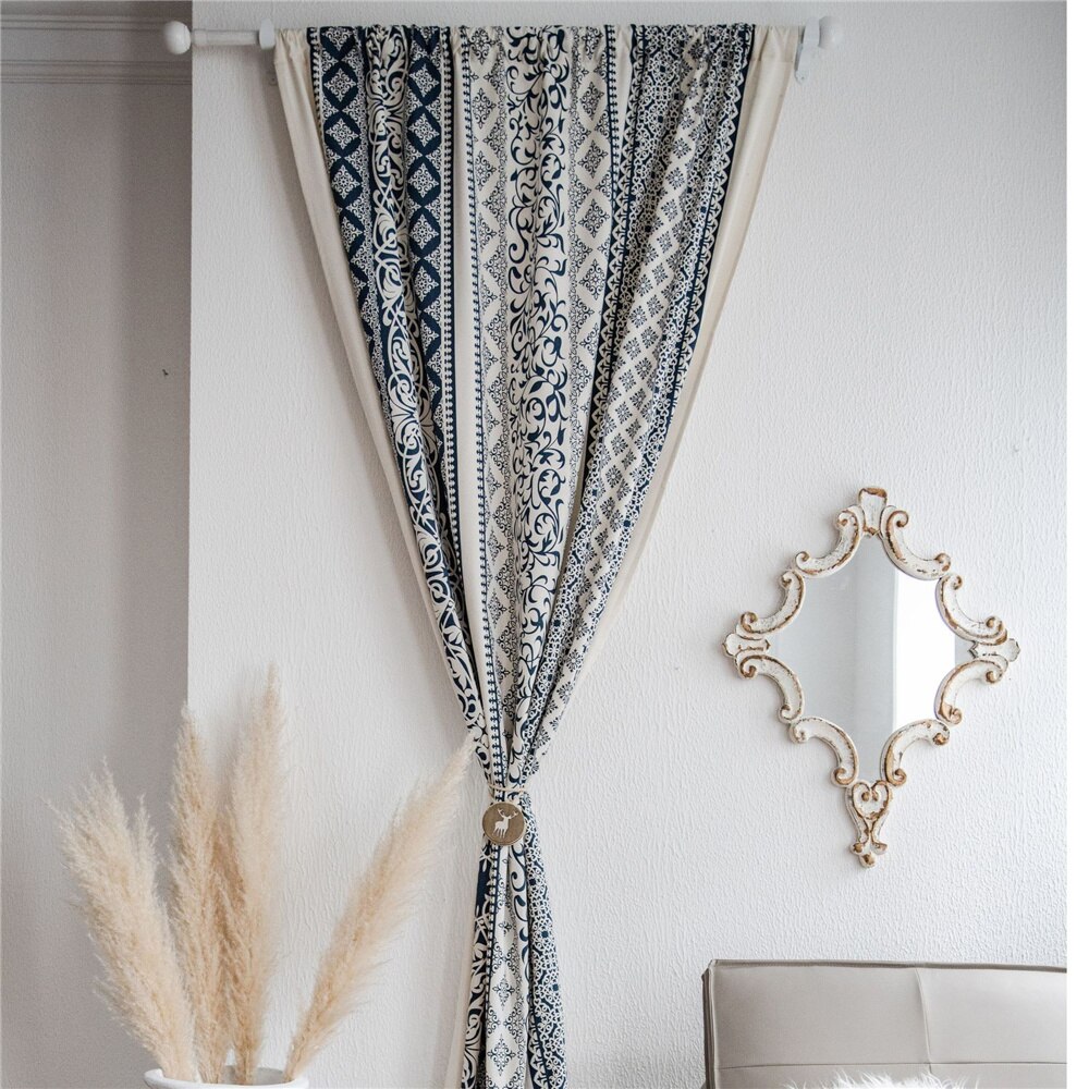 Cortina de lino estampado de algodón para el hogar, cortina semiopaca de cocina de porcelana azul y blanca de 1,5 M de ancho, cortina de ventana de la Bahía