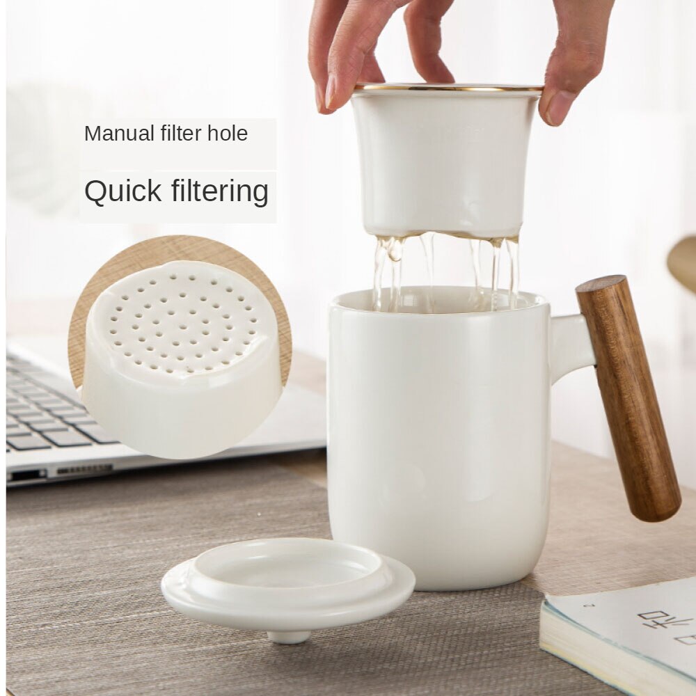 Ceramic Tea Cup Tea Mug with Lid and Infuser with Acacia Wood Handle Coffee Mug