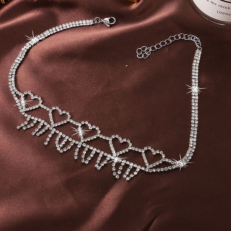 FYUAN Shine Five Heart Crystal Choker Necklaces for Women Korean Style Rhinestones Necklaces Statement Jewelry Party