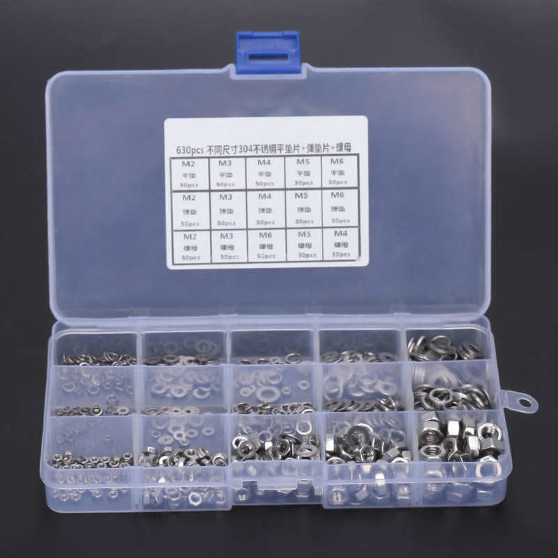 Stainless Steel Flat Washer + Spring Washer + Nut M2 M3 M4 M6