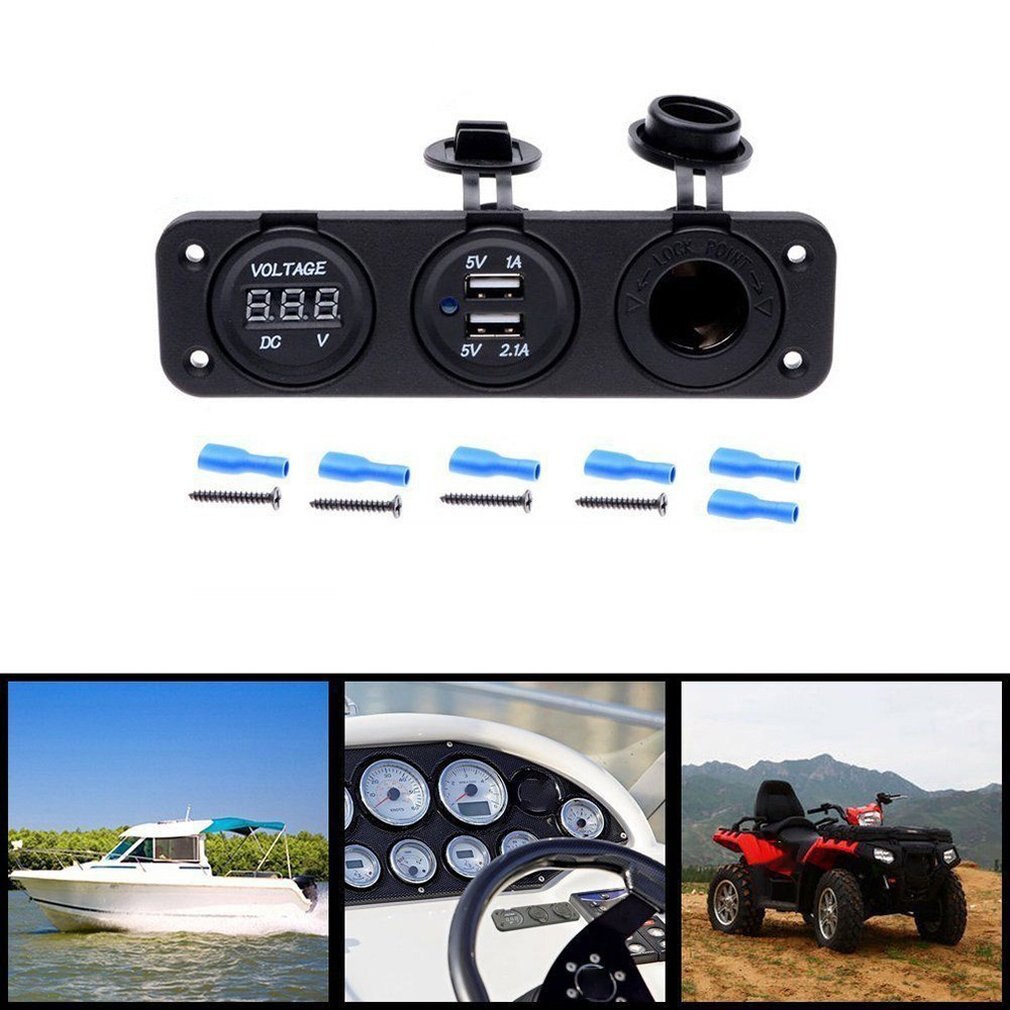 12V Dual USB Charger Socket & LED Voltmeter 3 Hole Panel Outlet Car Boat Marine
