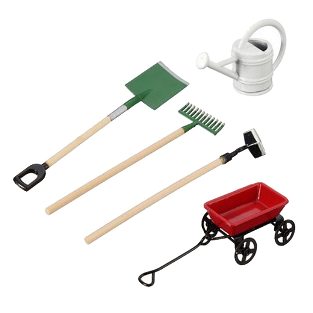 1/12 gieters + karretje + schep hark set poppenhuis tuin model
