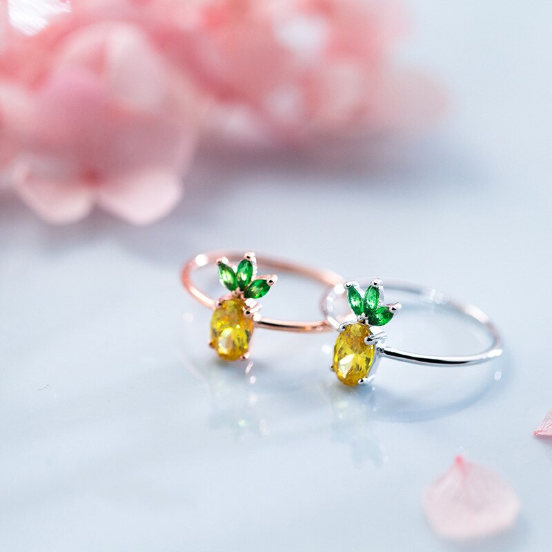 Punk nourriture fruits ananas anneau pour les femmes fête d'anniversaire charme 925 en argent Sterling cristal strass bijoux de