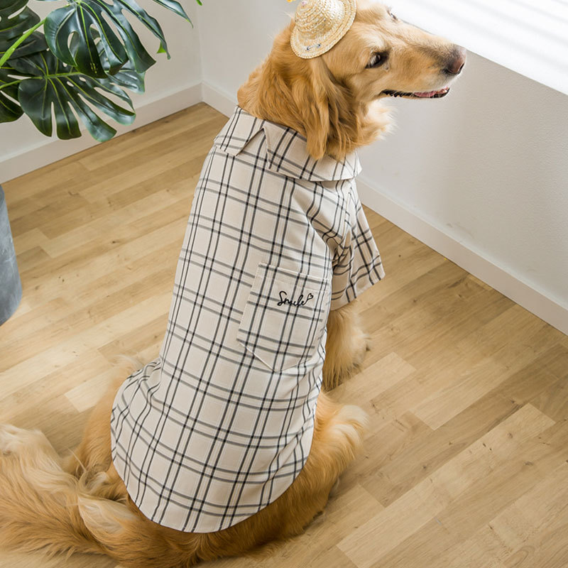 Camiseta clásica de rejilla a cuadros para mascotas, ropa para perro, atuendo con estilo, blusa de gran tamaño con solapa para perros medianos y grandes: Khaki / 8XL
